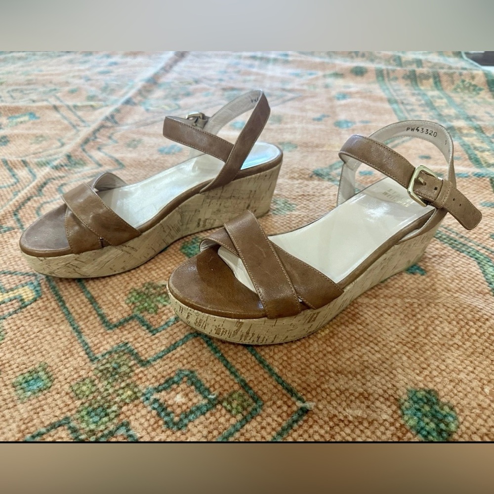 Stuart Weitzman Leather Cork Wedge   Sandals in Cognac Women’s size 9
